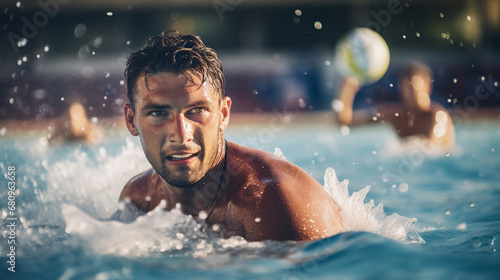 Teenager, boys and team, water polo and playing game with sports, action and energy in indoor swimming pool. Young male players, high school athlete group and competition with fitness and teamwork © Tamara