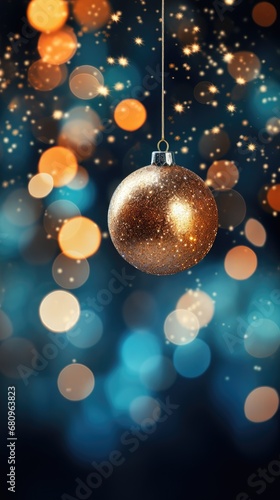 Bokeh effect of lights and blue background of Christmas baubles. Generative Ai.