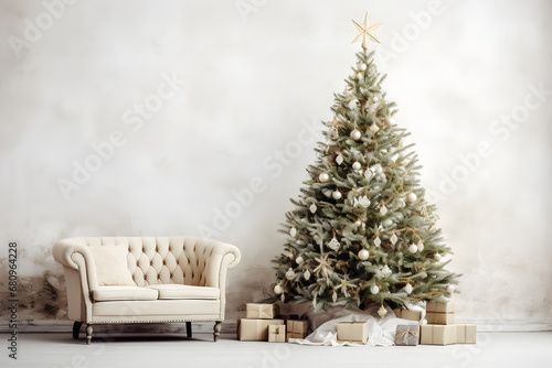 Minimalistic Christmas interior mockup. White wall with a chair and a sleek Christmas tree.