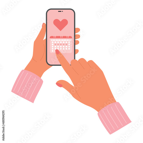 Woman holds phone in hands with a menstruation calendar app. Women's health care tracker. Period ovulation days control. .