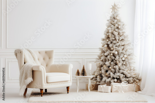 White christmas room with christmas tree and comfortalbe sofa, table on white wall background.
