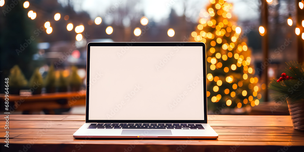 White blank screen laptop on wooden table with chirstmas tree background White blank screen laptop on wooden table with chirstmas tree background