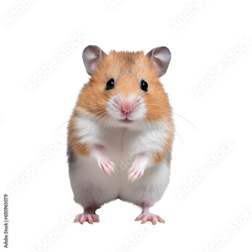 Cute little hamster standing on transparent white background. Front view