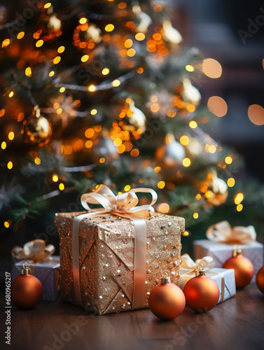 Christmas card, gift in gold packaging, Christmas fir. Holiday illustration with Christmas tree decorated with golden balls and christmas garlands, blurred lights, space for copy