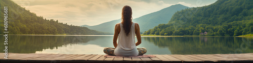 Young woman from rear side meditating by the lake in summer sunnset. Practicing mindfulness and meditation in a peaceful nature. photo