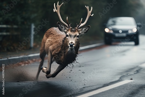 Be aware of deer crossing the road. Caution, wild animals. Ai Generative photo