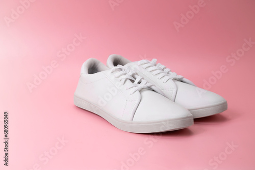 Closeup view of clean white sneakers