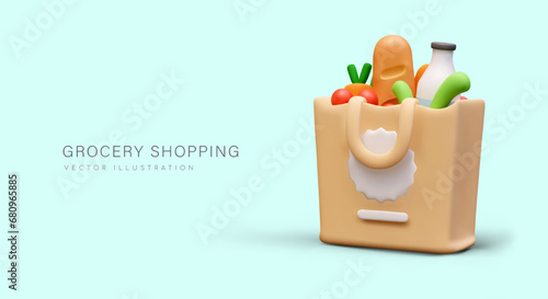Poster with bag full of food, place for text, and blue background. Concept of grocery shopping. Online and offline food orders. Vector illustration in 3D style