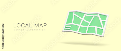 Local map in realistic style. Paper or online map in green color. Tracking, route finding concept. Delivery concept. Vector illustration in 3D style with yellow background