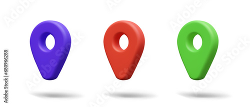 Set of geotags of different colors. Red, blue, green 3D map pin. Location mark. Final stop. Seamark. Vector illustration on white background, templates for web design