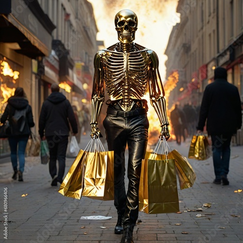 6. An illustration of a golden skeleton walking through a shopping mall on fire with a shopping bag while shopping. Generative AI © KKY