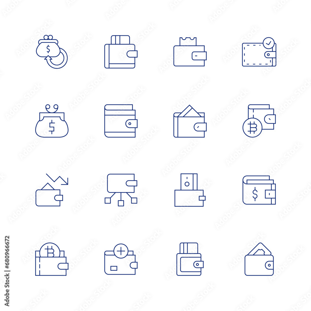 Wallet line icon set on transparent background with editable stroke. Containing money back, purse, wallet, digital wallet, top up, money management.