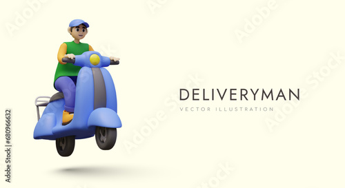 Young man riding scooter. Poster for delivery service company. Placard with deliveryman on scooter and place for text. Vector illustration in 3D style with warm background © ANDRII