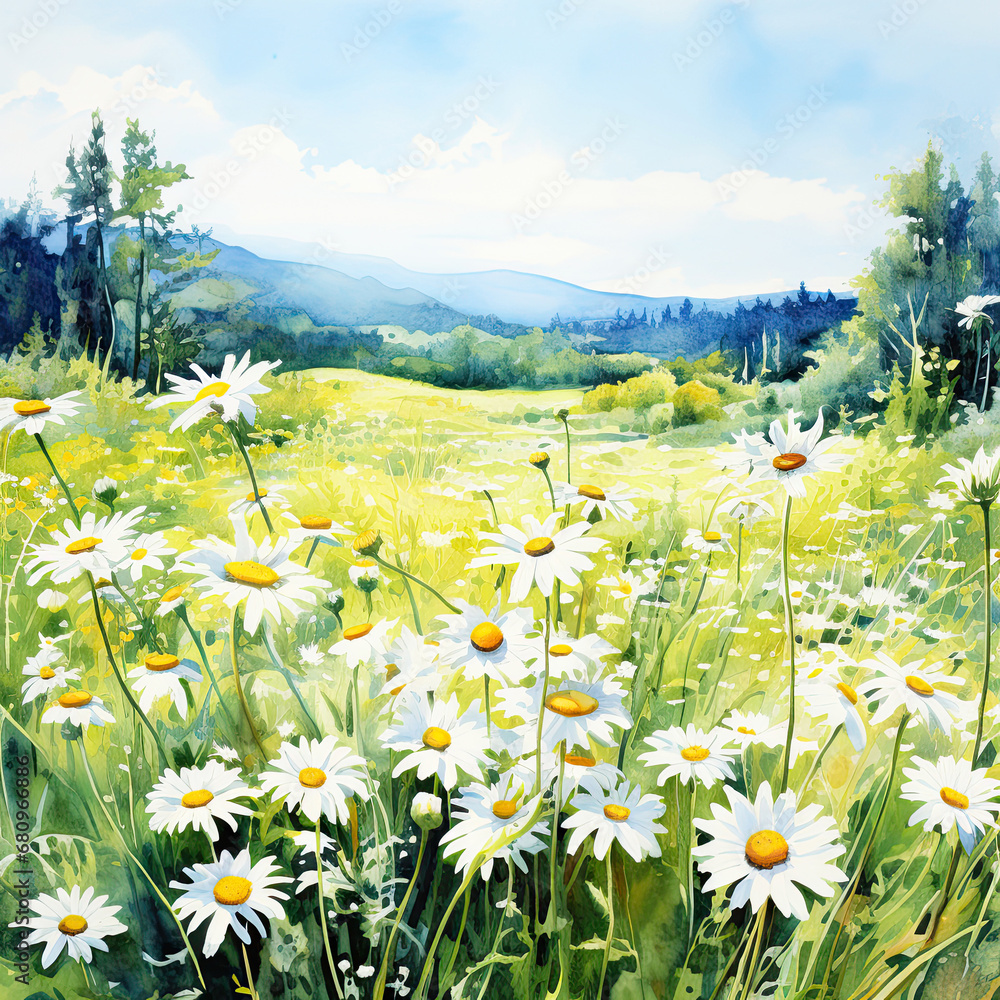 A field of daisy flowers in watercolor style