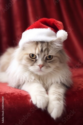 Cute and curious cat dons a Santa hat © artefacti