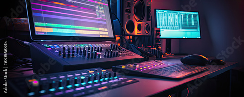Modern studio control desk. Recording or sound DJ proffesional system. sound equipment for concert. photo