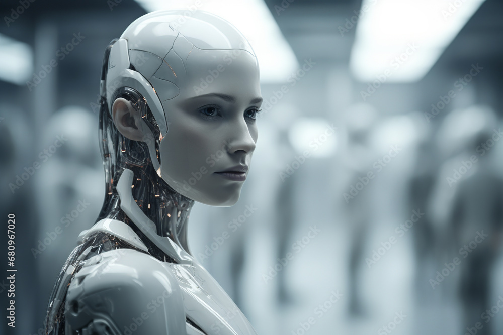 Generative AI illustration of pale cyborg with intricate designs stands contemplatively amid a backdrop of similar units in dimly lit facility Generative AI illustration of pale cyborg with intricate designs stands contemplatively amid a backdrop of similar units in dimly lit facility