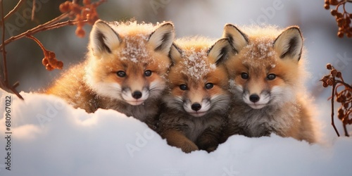 Portarait oft hree fox kittens in snow photo