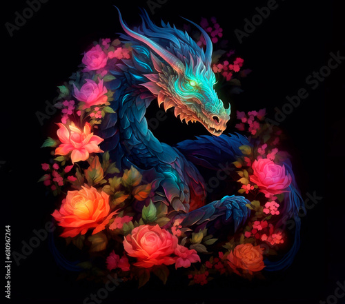 bright colorful watercolor neon dragon with flowers is illuminated by LED lights on a black background. AI generation © Зоя Лунёва