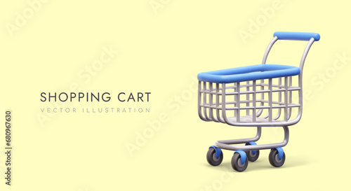 Shopping metal cart with blue elements. Time for shopping. Online purchases. Purchase and delivery of products from mall. Vector illustration in 3D style