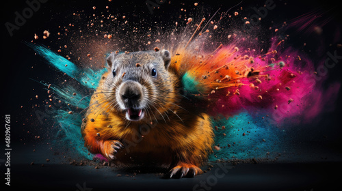 beaver in colorful powder paint explosion, dynamic photo