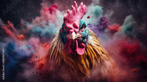 chicken in colorful powder paint explosion, dynamic
