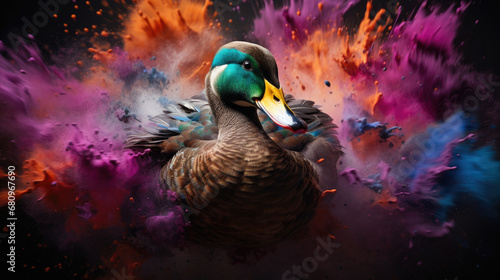 duck in colorful powder paint explosion, dynamic