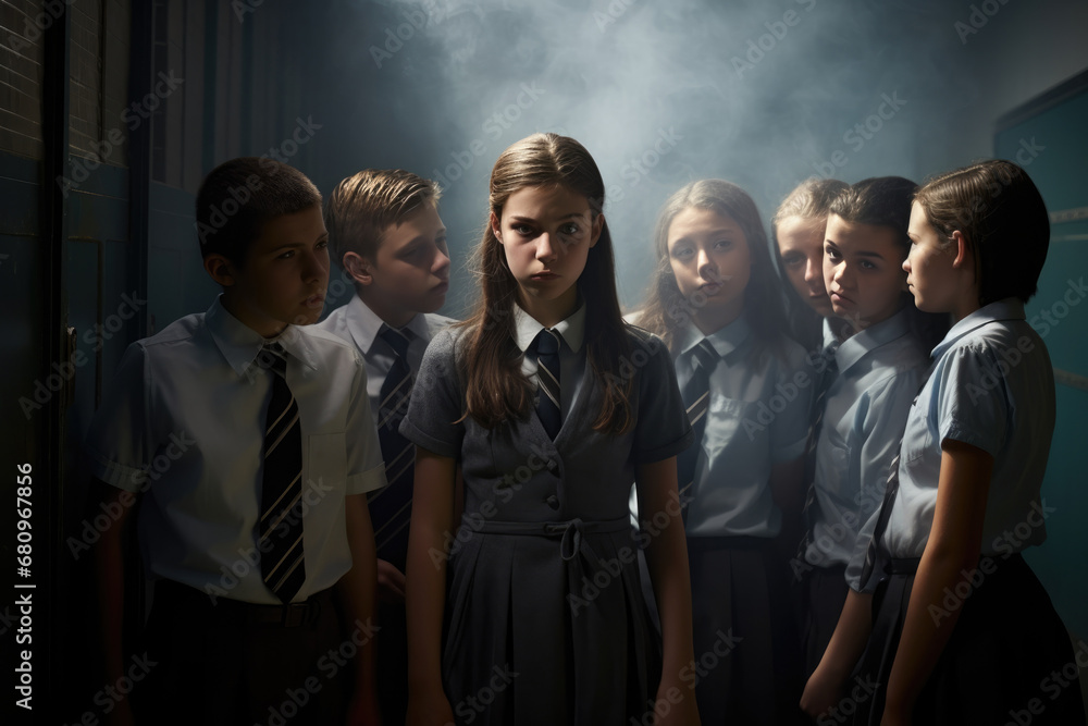 Obraz premium Peer pressure. Picture of depressed teenager being bullied by friends.