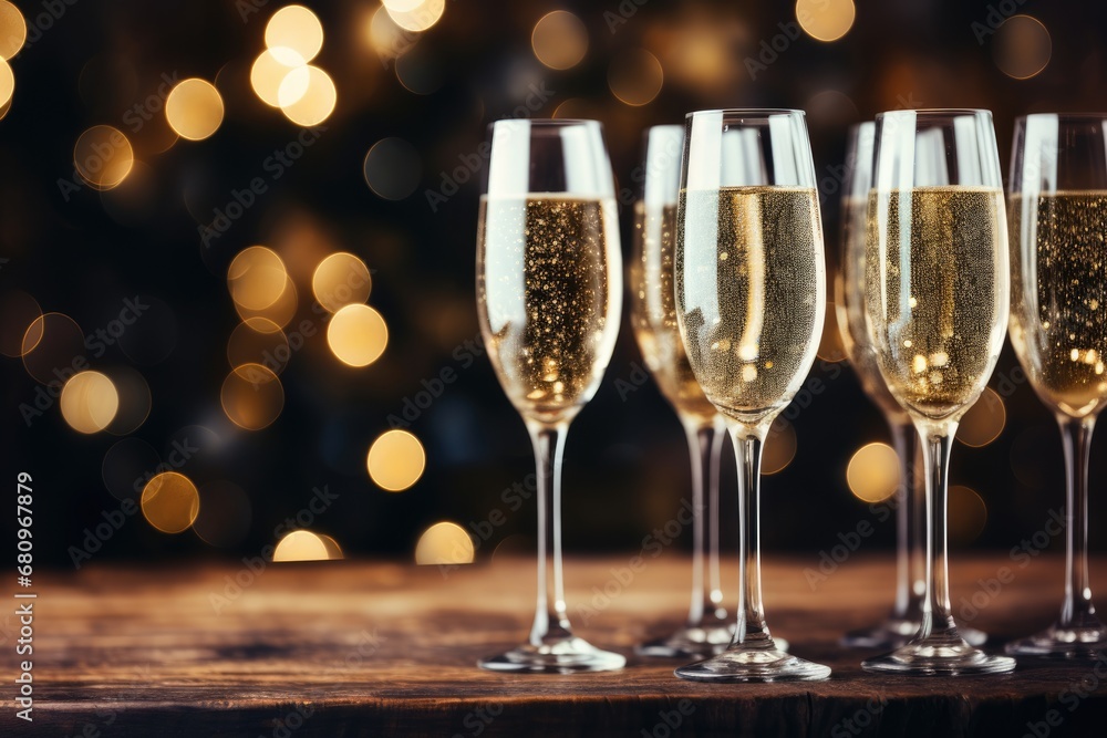 Glasses of champagne or sparkling wine at New Year party. Happy new year concept. Generative AI Glasses of champagne or sparkling wine at New Year party. Happy new year concept. Generative AI