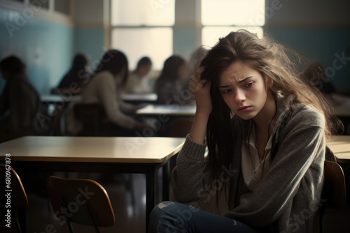 Teenage depression. Sad and worried teenage girl is sitting in high school classroom. Generative AI