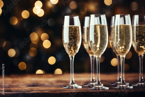 Glasses of champagne or sparkling wine at New Year party. Happy new year concept. Generative AI