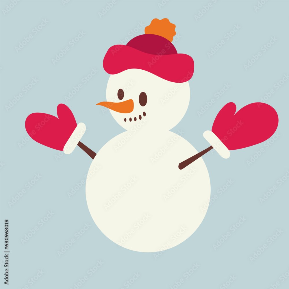 Cute snowman. Vector illustration in flat, simple style. Design element for posters, prints for clothing, banners, covers, websites, social networks, logo, postcard Cute snowman. Vector illustration in flat, simple style. Design element for posters, prints for clothing, banners, covers, websites, social networks, logo, postcard