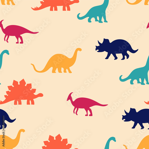 Cute seamless pattern with colorful dinosaur silhouettes