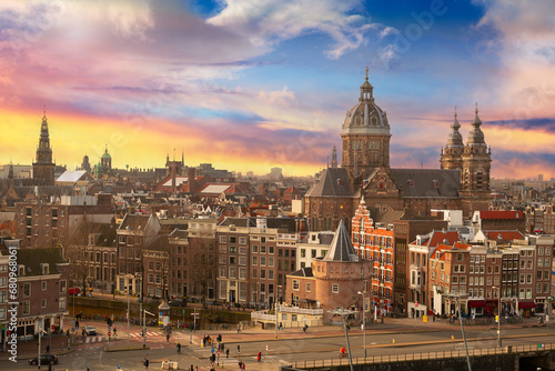 Amsterdam, Netherlands town cityscape over the Old Centre District with Basilica of Saint Nicholas #680968061