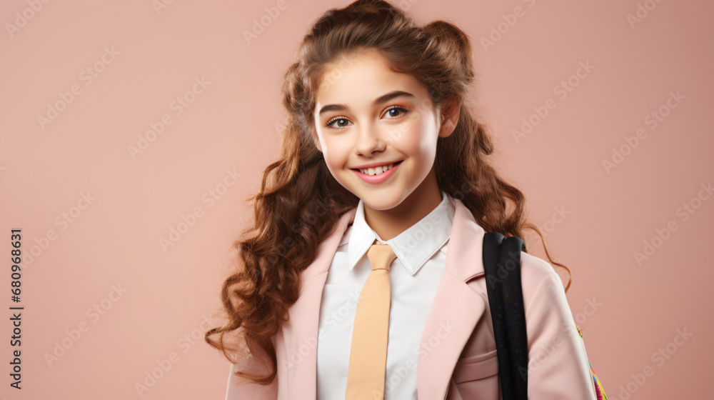 Bright High School Student, Backpack Ready, Light Pink Background Bright High School Student, Backpack Ready, Light Pink Background