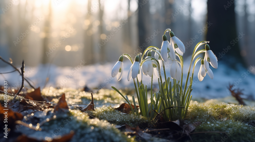 Obraz premium Snowdrops in the forest.