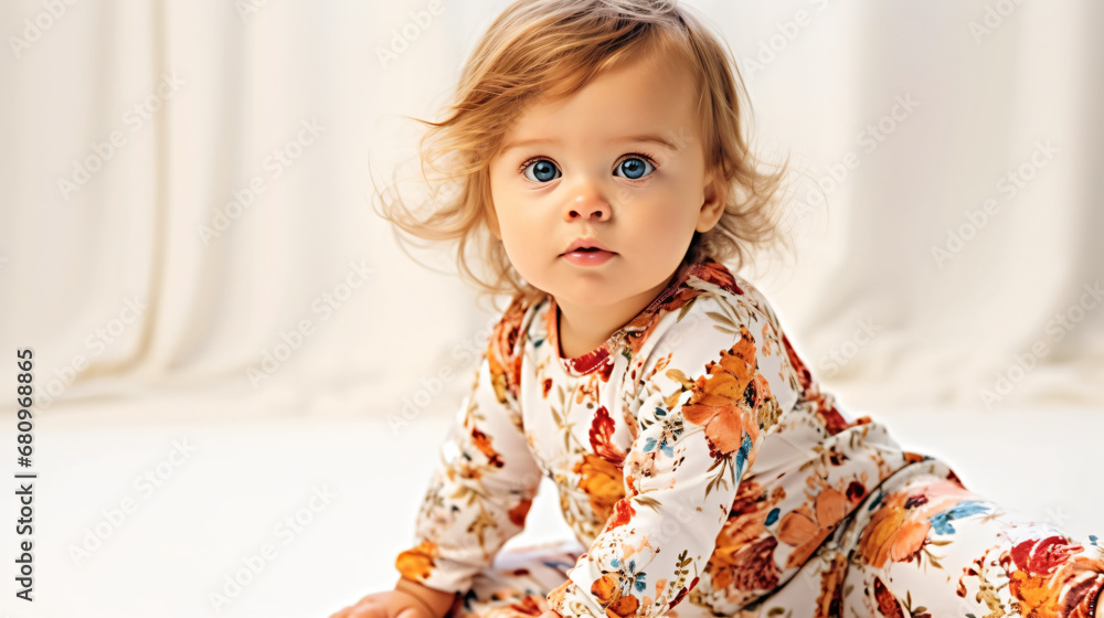 Sweet Infant in Flowery Outfit, Curious Gaze, Isolated on White Sweet Infant in Flowery Outfit, Curious Gaze, Isolated on White