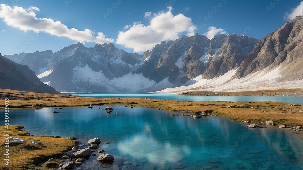 A majestic range of snow-capped peaks, their jagged silhouettes piercing the sky, adorned with ancient pine forests that cling to the slopes. The valleys below harbor crystal-clear glacial lakes  AI
