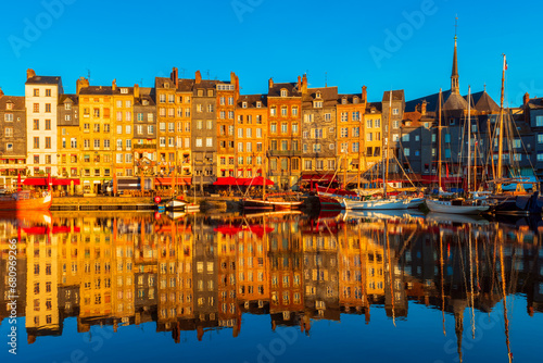 Photography Harbor and Row Houses in Honfleur Normandy France at Sunrise