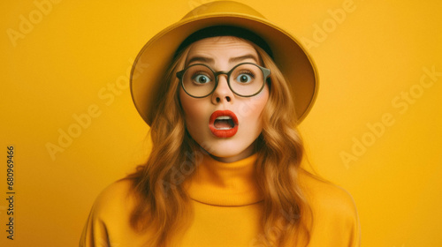 Beautiful middle age senior woman wearing elegant yellow coat and hat over isolated yellow background amazed and surprised looking up and mouth with fingers and raised arms with.