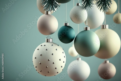 Merry Christmas and Happy New Year card with Christmas balls hanging on a fir branch. Generative AI
