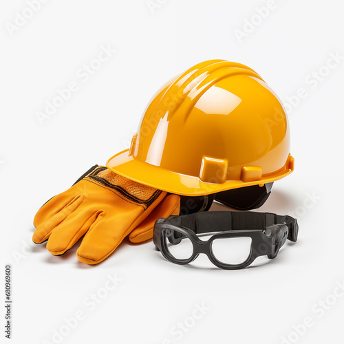Safety helmet, glasses and gloves on white background. Wear for construction workers. photo