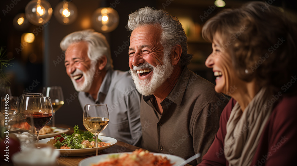 Portrait of happy senior couple having dinner at home. They are laughing Portrait of happy senior couple having dinner at home. They are laughing