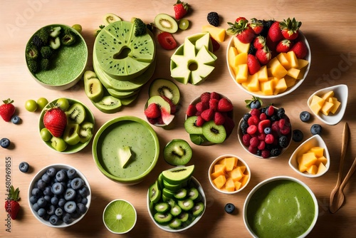 Design a tree-shaped stack of green smoothie bowls, with assorted fruit toppings as decorations photo