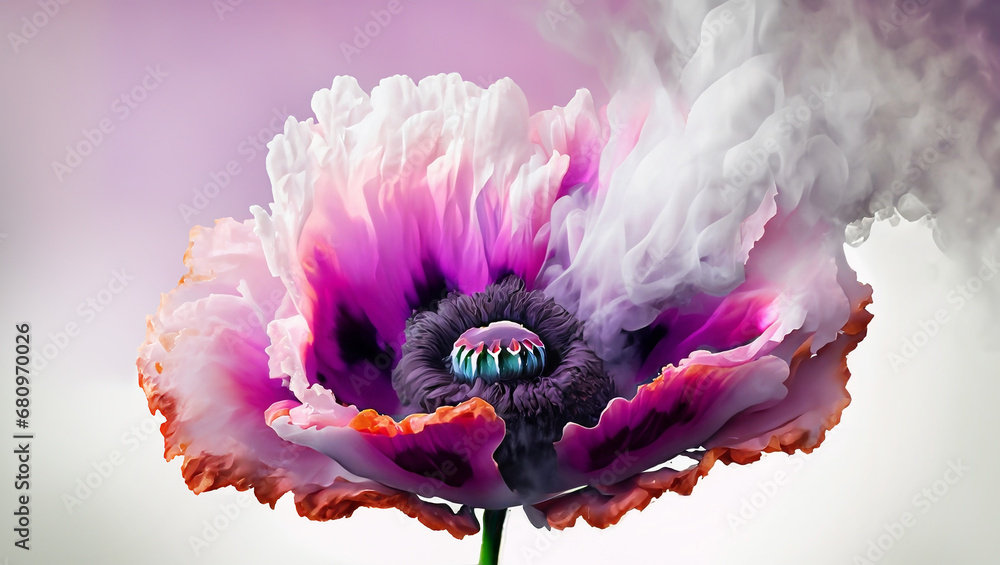 Dym, abstrakcyjny fioletowy kwiat maki, tło kwiatowe. Generated AI - obrazy, fototapety, plakaty 