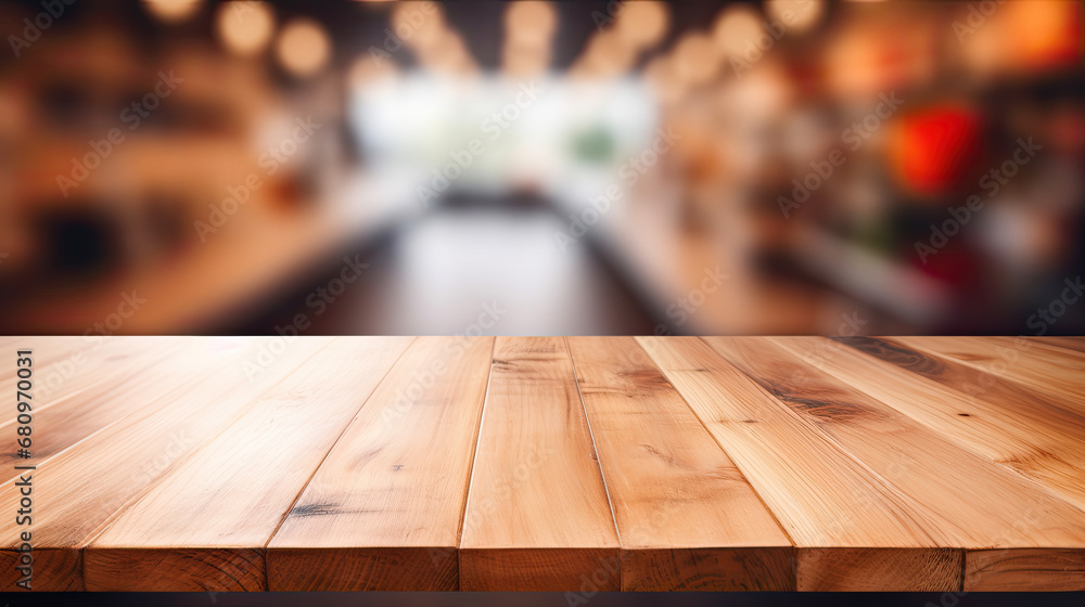 Empty top wooden table with supermarket blur background - obrazy, fototapety, plakaty 