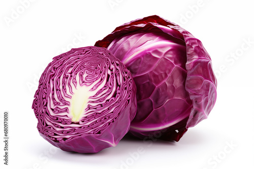 Red cabbage and cut piece of red cabbage on white background. photo