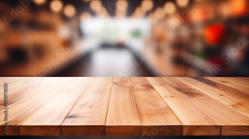 Empty top wooden table with supermarket blur background photo
