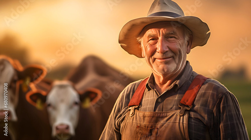 Smiling senior farmer man with gray beard standing on a meadow in the countryside at a sunset. Wearing a straw hat and village clothes, looking at the camera. Cows grazing in the background