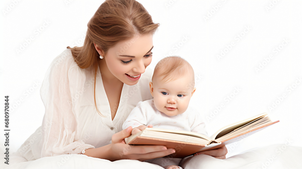 Engaging Reading Moment, Mother and Attentive Baby, White Backdrop Engaging Reading Moment, Mother and Attentive Baby, White Backdrop